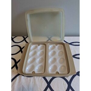 Vintage Tupperware Deviled Egg Carrier Almond Sheer Lid 723 16 Slot 3 Piece Set